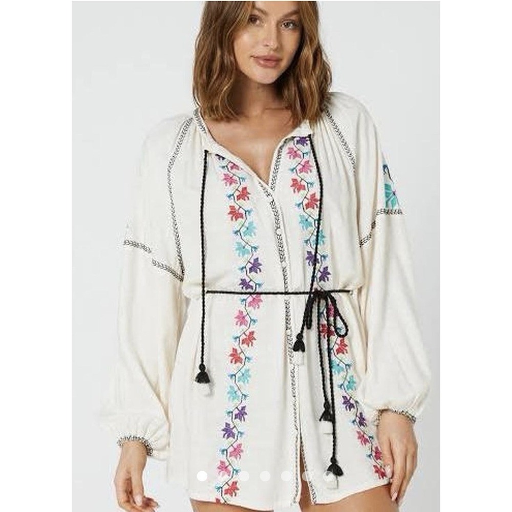 Tigerlily Frida Dulari Mini Tunic Multicolor Embroidered Tie Dress Puff Sleeve 6